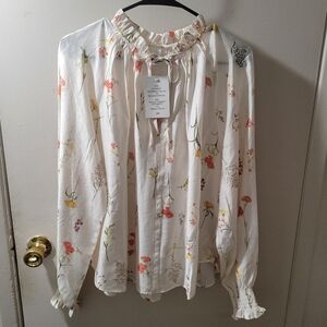 H&M Floral Ruffle Neck Blouse In Whitw